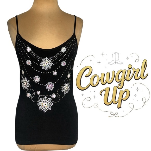 Y2K Cowgirl Up black glittery sequin cami tank top vintage deadstock - Picture 1 of 8